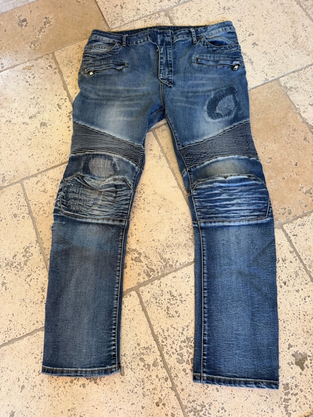 Balmain Paris Jeans Mens Biker Moto Ribbed Distressed  Stretch jeans 40/29